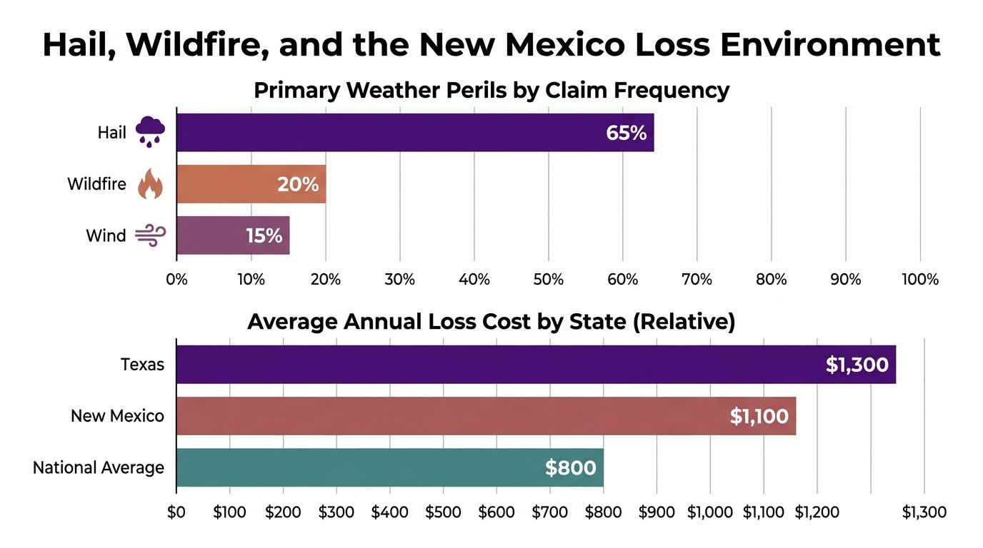 A chart comparing primary weather perils in New Mexico alongside the average annual loss cost by state.