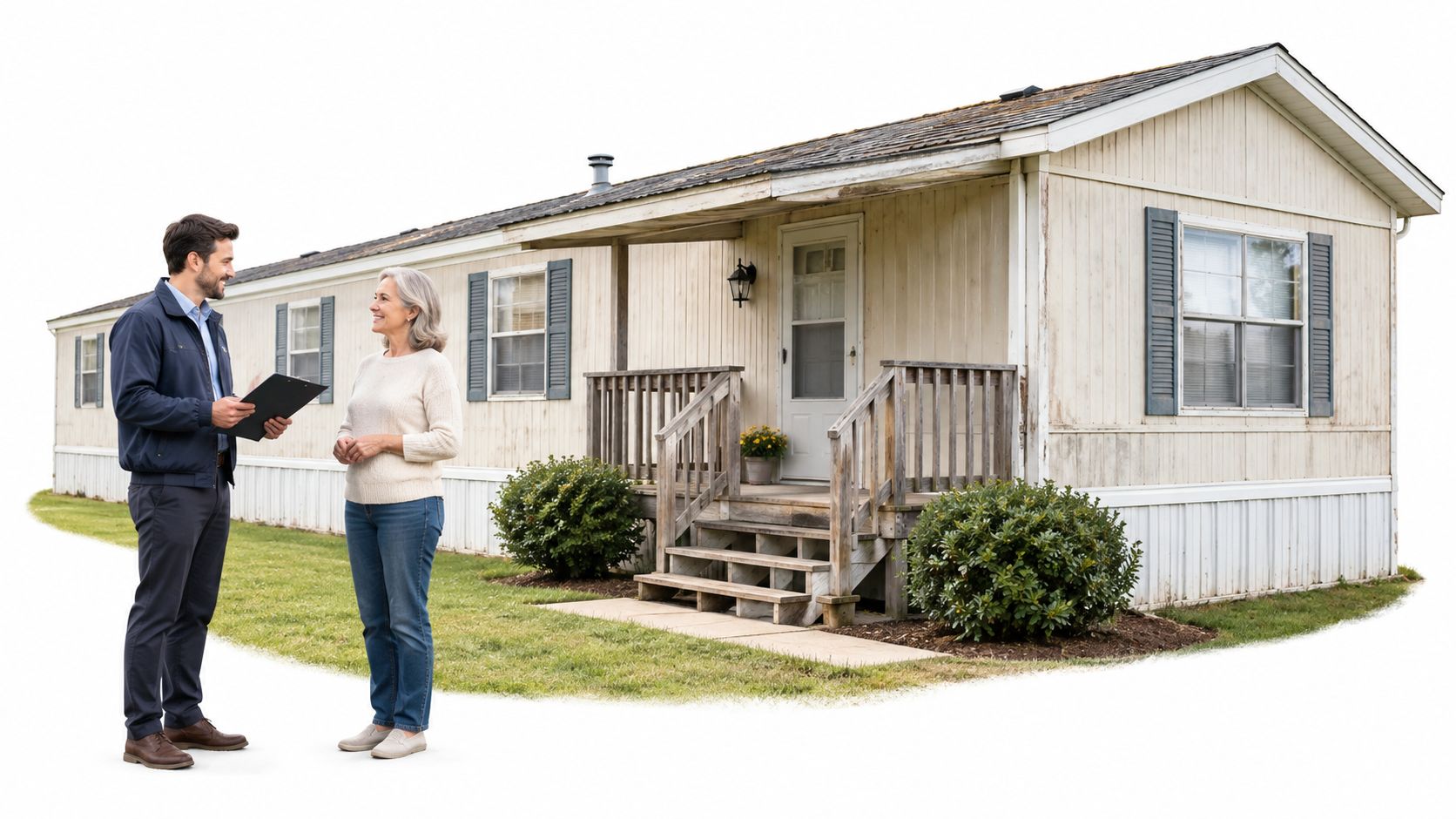 An insurance agent speaks with an older woman in front of her mobile home during an inspection.