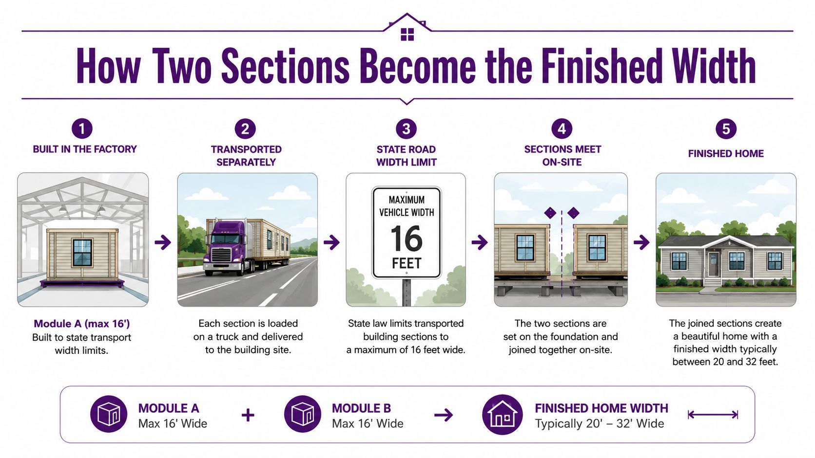 A five-step infographic showing how two separate manufactured home modules are transported and joined to form a home.