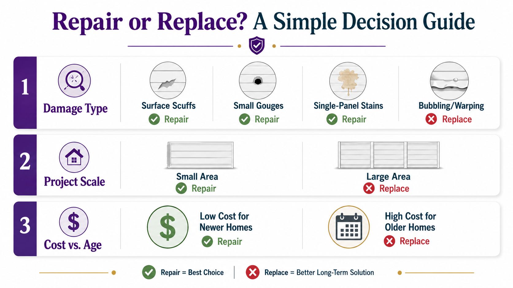 A decision guide infographic helping homeowners decide whether to repair or replace their home siding panels.