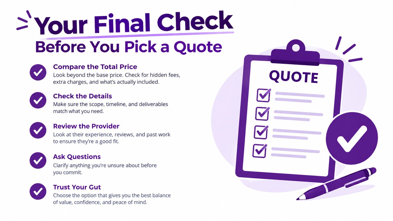 A checklist infographic titled Your Final Check Before You Pick a Quote with five helpful tips.