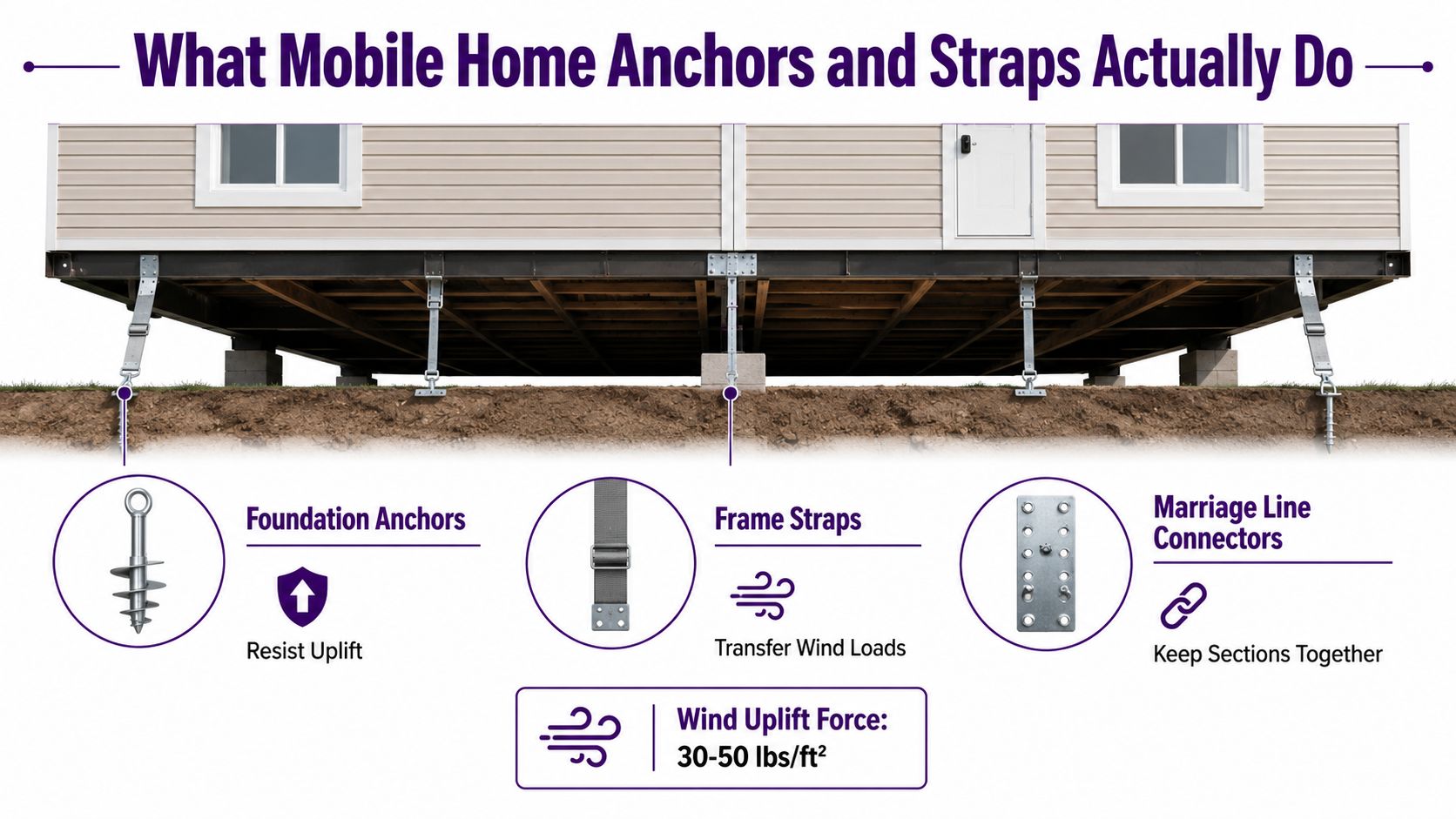 A diagram illustrating how mobile home anchors, straps, and marriage line connectors secure a home against wind.