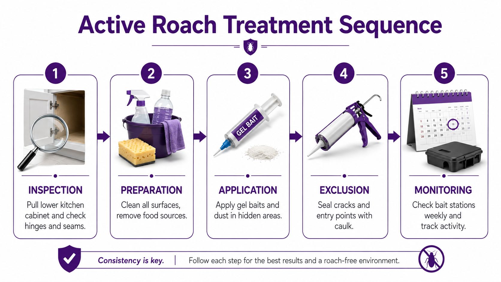An infographic detailing a five-step professional roach treatment sequence for effective home pest management.