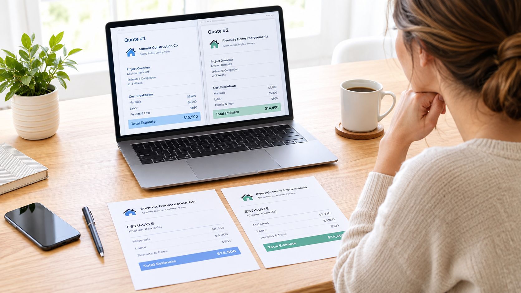 A person reviewing home renovation construction estimates on a laptop and printed documents at a desk.