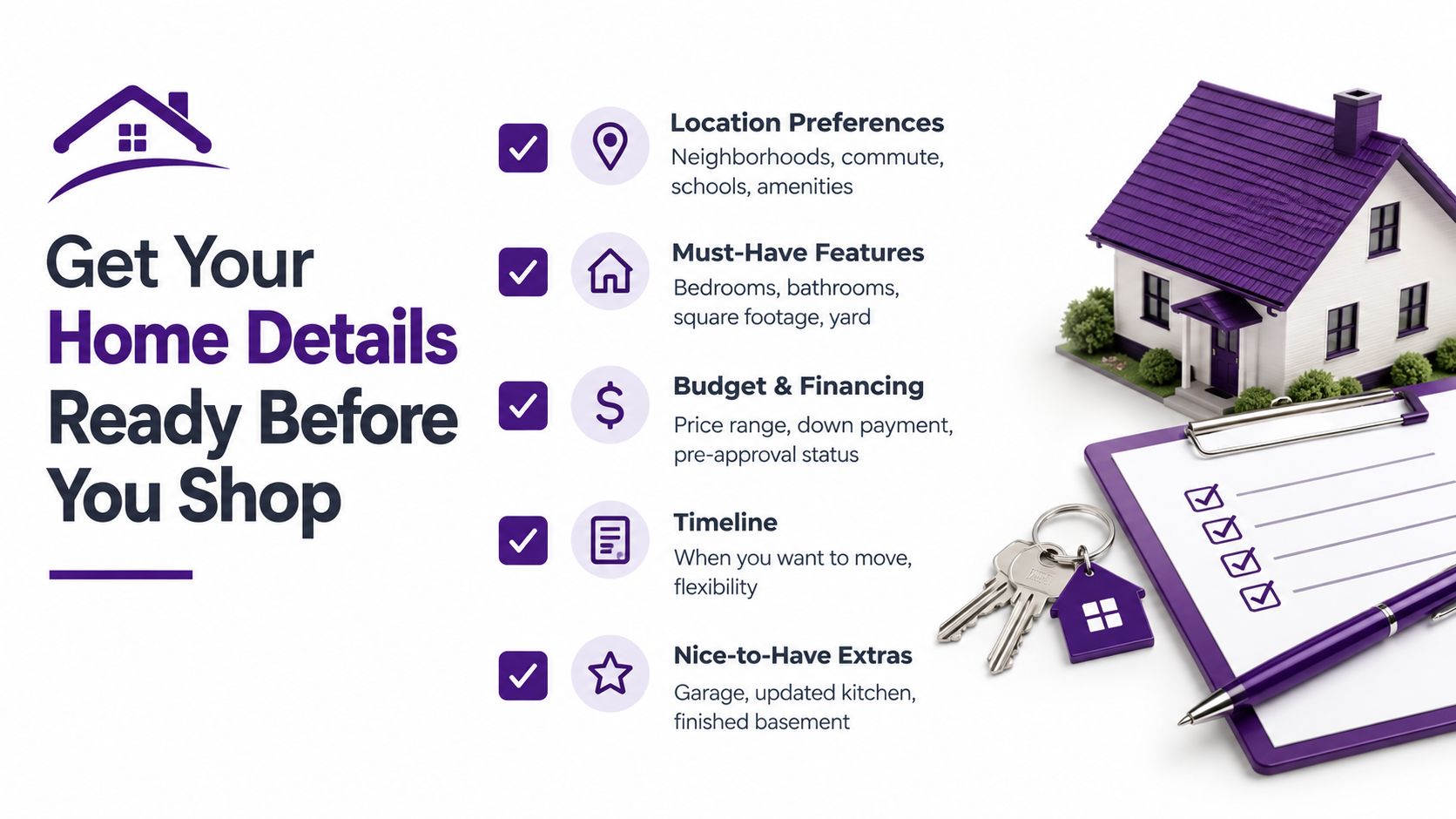 An infographic titled Get Your Home Details Ready Before You Shop featuring five essential house hunting steps.