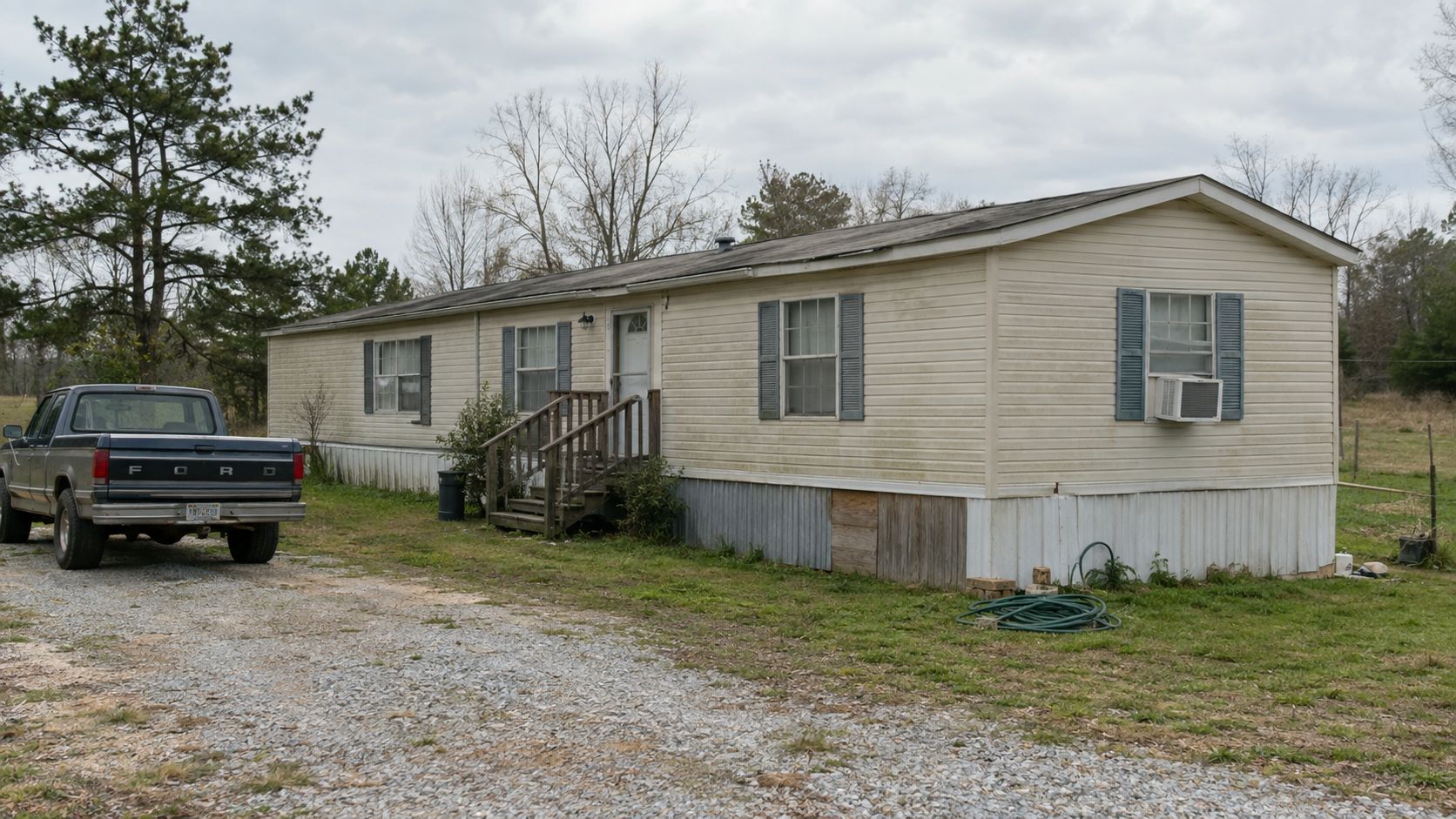 A single wide manufactured home with tan siding and a pickup truck parked in the gravel driveway.