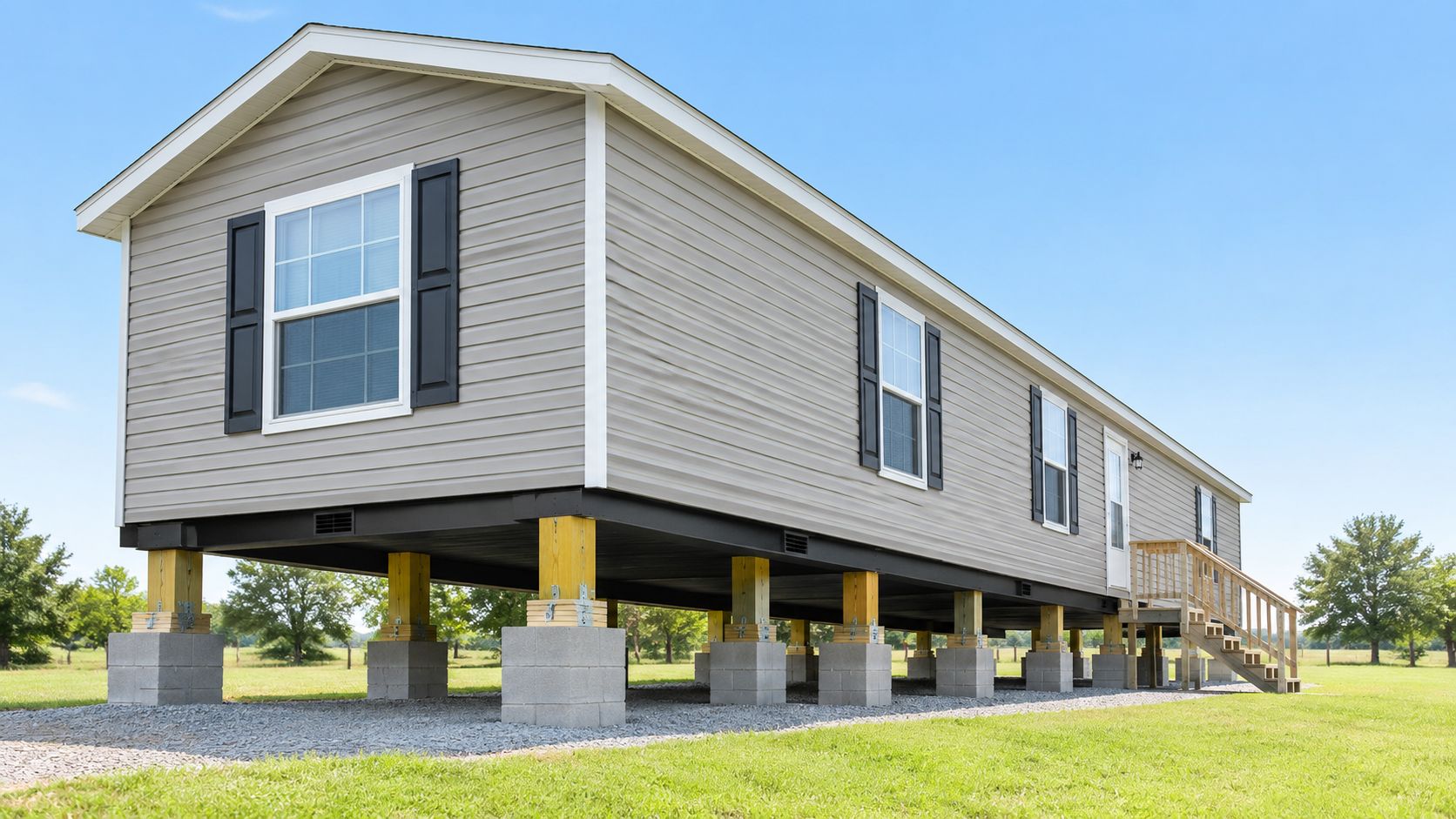 A modern tan mobile home elevated on a sturdy pier and beam foundation in a grassy field.