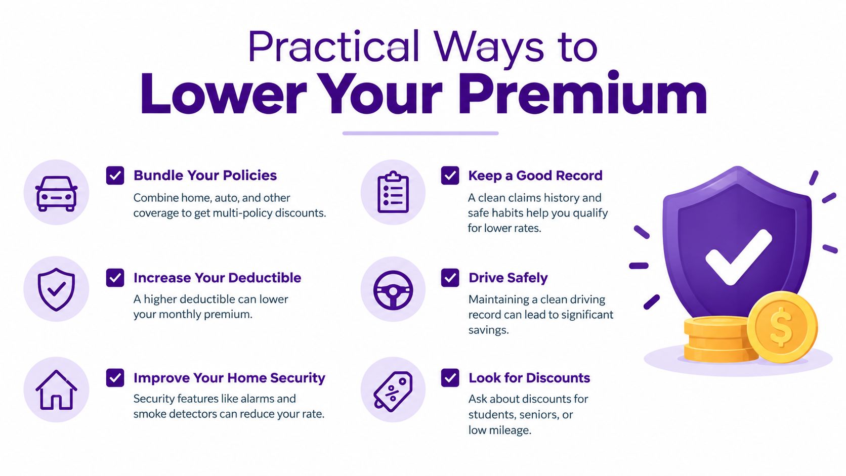 An infographic showing six practical tips to lower your insurance premiums through various money-saving strategies.