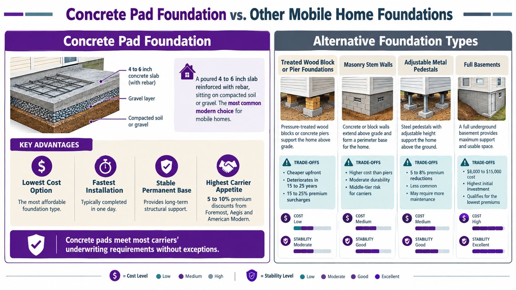 An infographic comparing concrete pad foundations to alternative mobile home foundation types such as wood blocks and basements.
