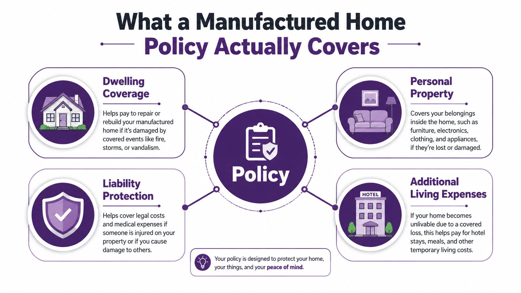 An infographic showing four key components of a manufactured home insurance policy: dwelling coverage, personal property, liability, and additional living expenses.