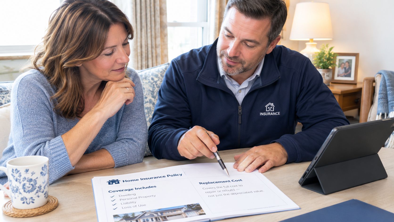 An insurance agent reviews a home insurance policy document with a female client at a table.