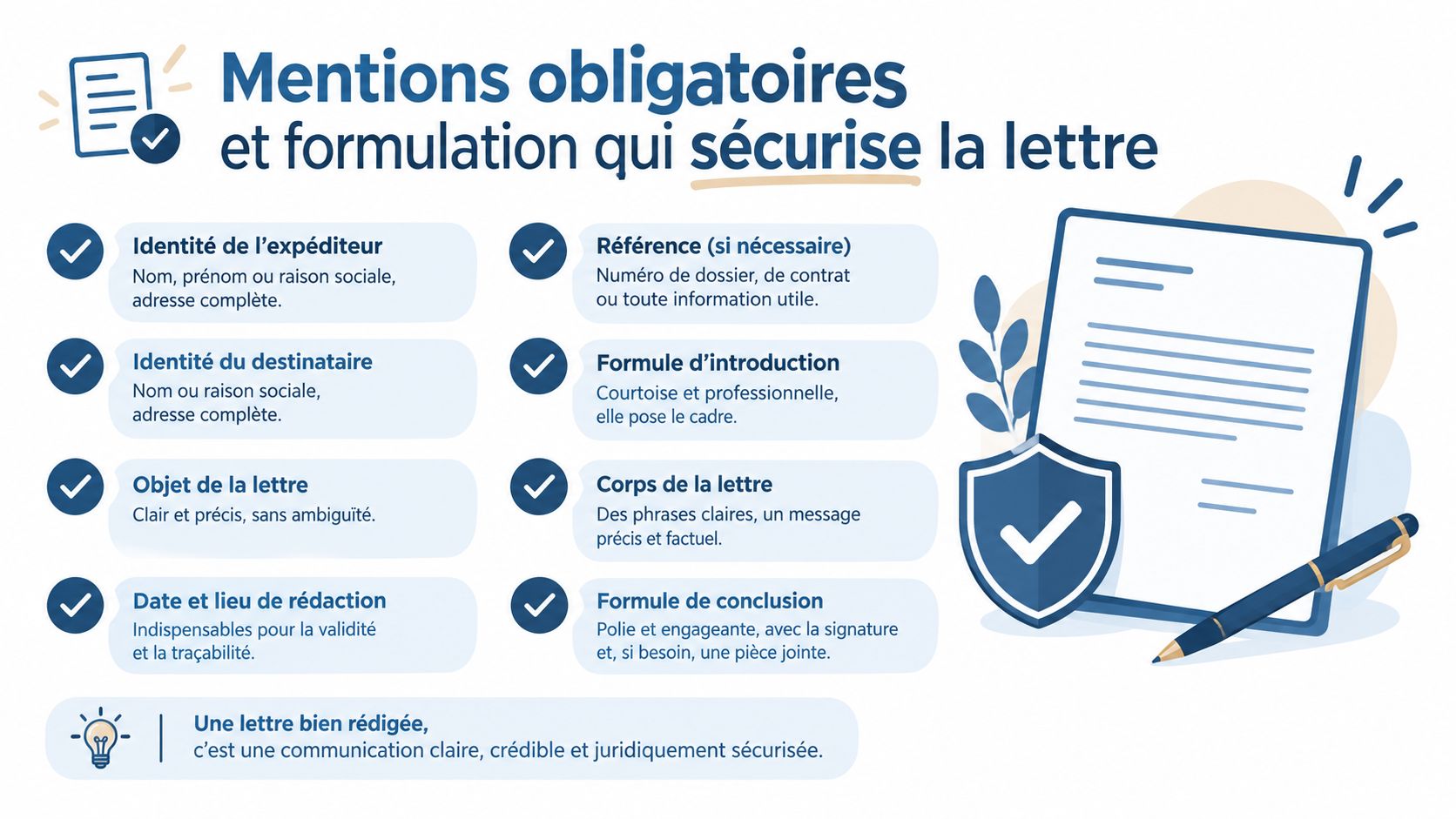 Infographie présentant les éléments obligatoires et les conseils pour rédiger une lettre officielle sécurisée et professionnelle.