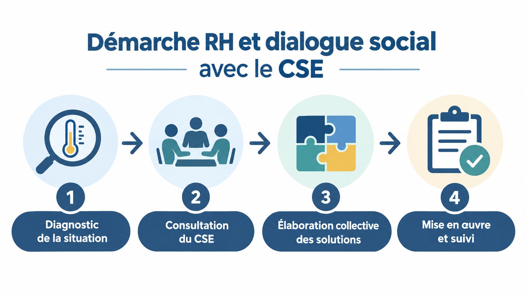 Schéma en quatre étapes illustrant la démarche RH et le dialogue social avec le CSE en entreprise.