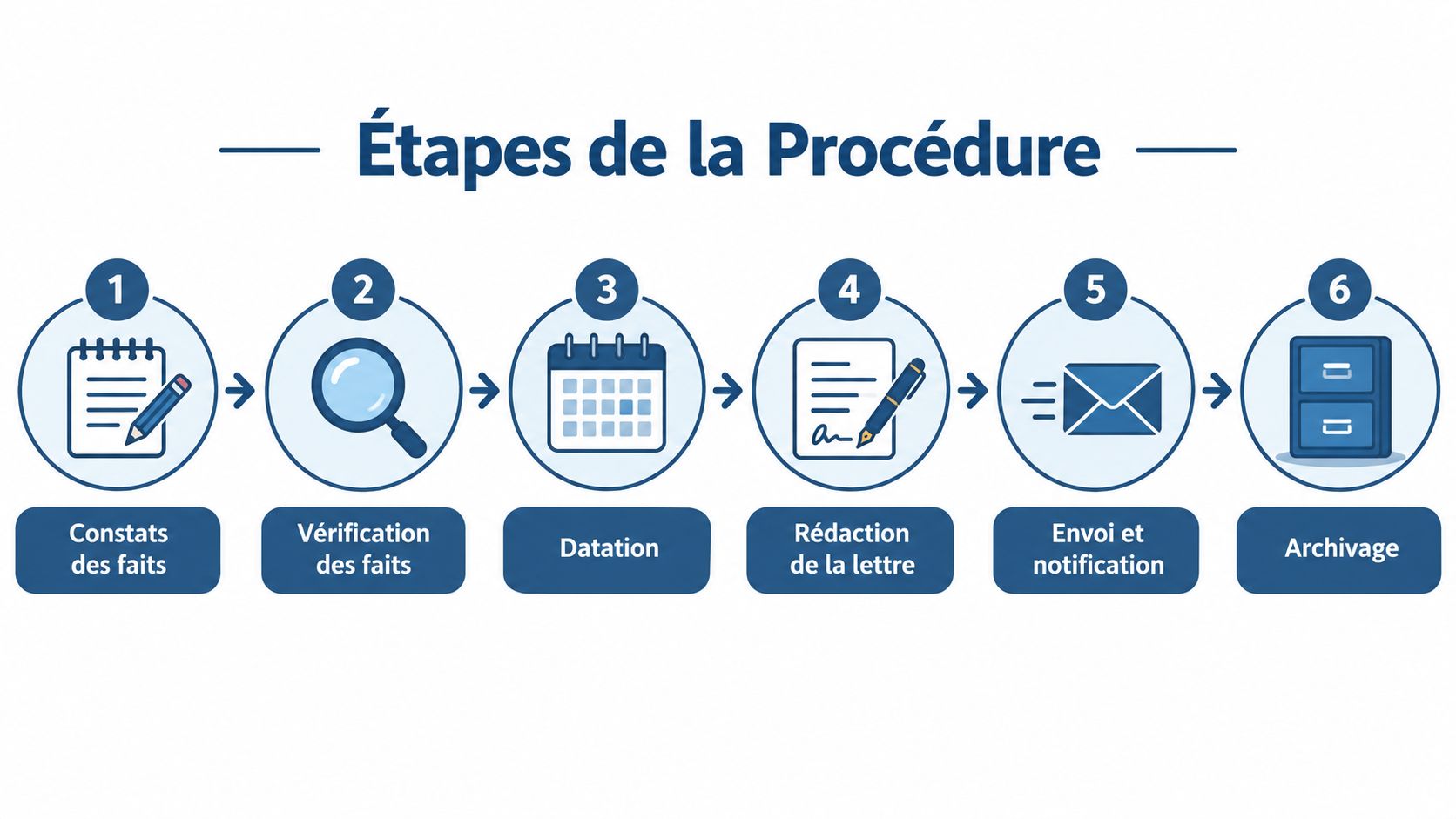 Schéma illustrant les six étapes clés d’une procédure administrative, du constat des faits jusqu’à l’archivage final.