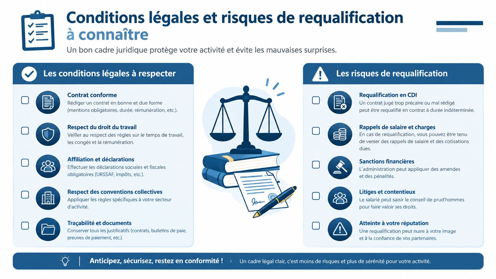 Infographie détaillant les conditions légales de travail et les risques de requalification des contrats en CDI.