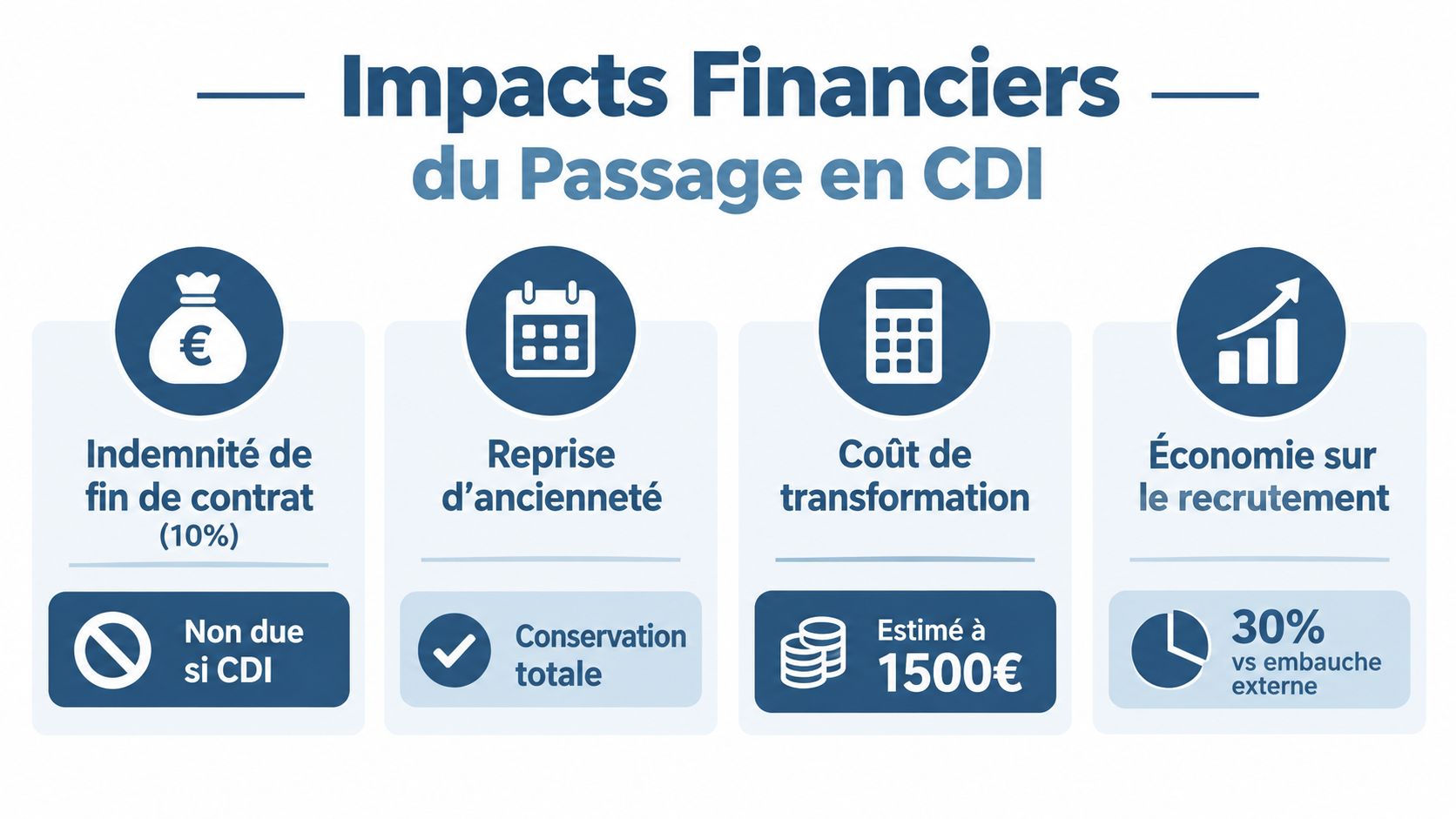 Infographie illustrant les quatre impacts financiers principaux lors de la transformation d’un contrat CDD en CDI.