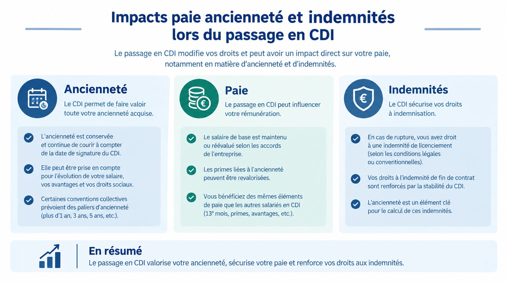 Infographie expliquant les impacts positifs du passage d’un contrat CDD en CDI sur l’ancienneté, la rémunération et l’indemnisation.