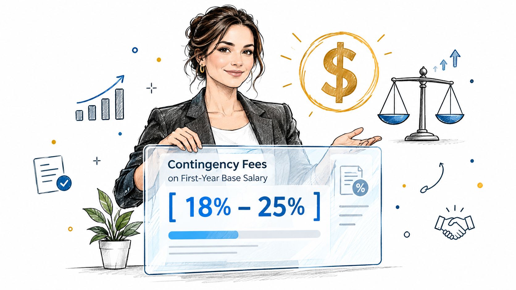 A professional woman presenting the contingency fee range of eighteen to twenty-five percent for tech recruiting agencies.
