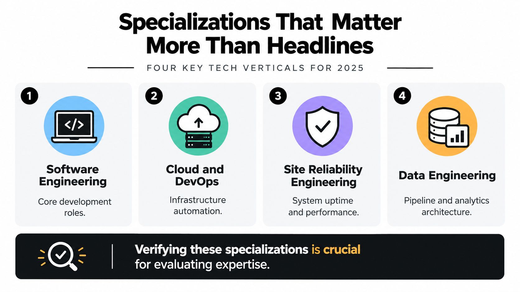 An infographic showing four key tech specializations for 2025: Software Engineering, Cloud and DevOps, Site Reliability Engineering, and Data Engineering.