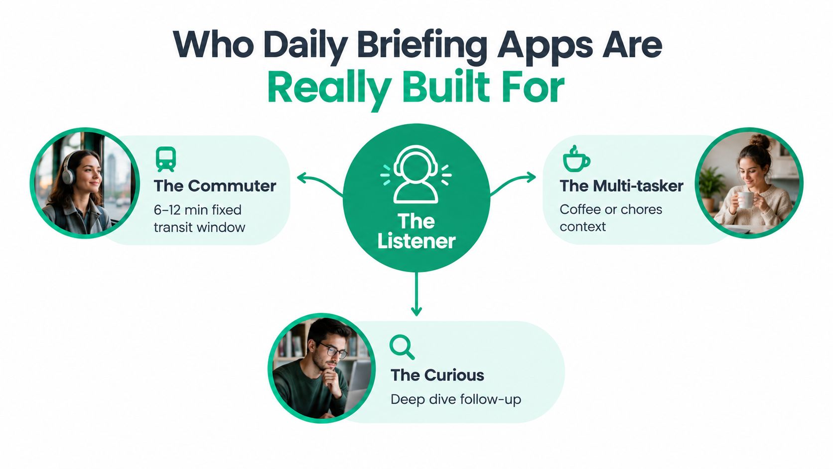 An infographic showing three main user types for daily briefing apps: commuters, multi-taskers, and curious learners.