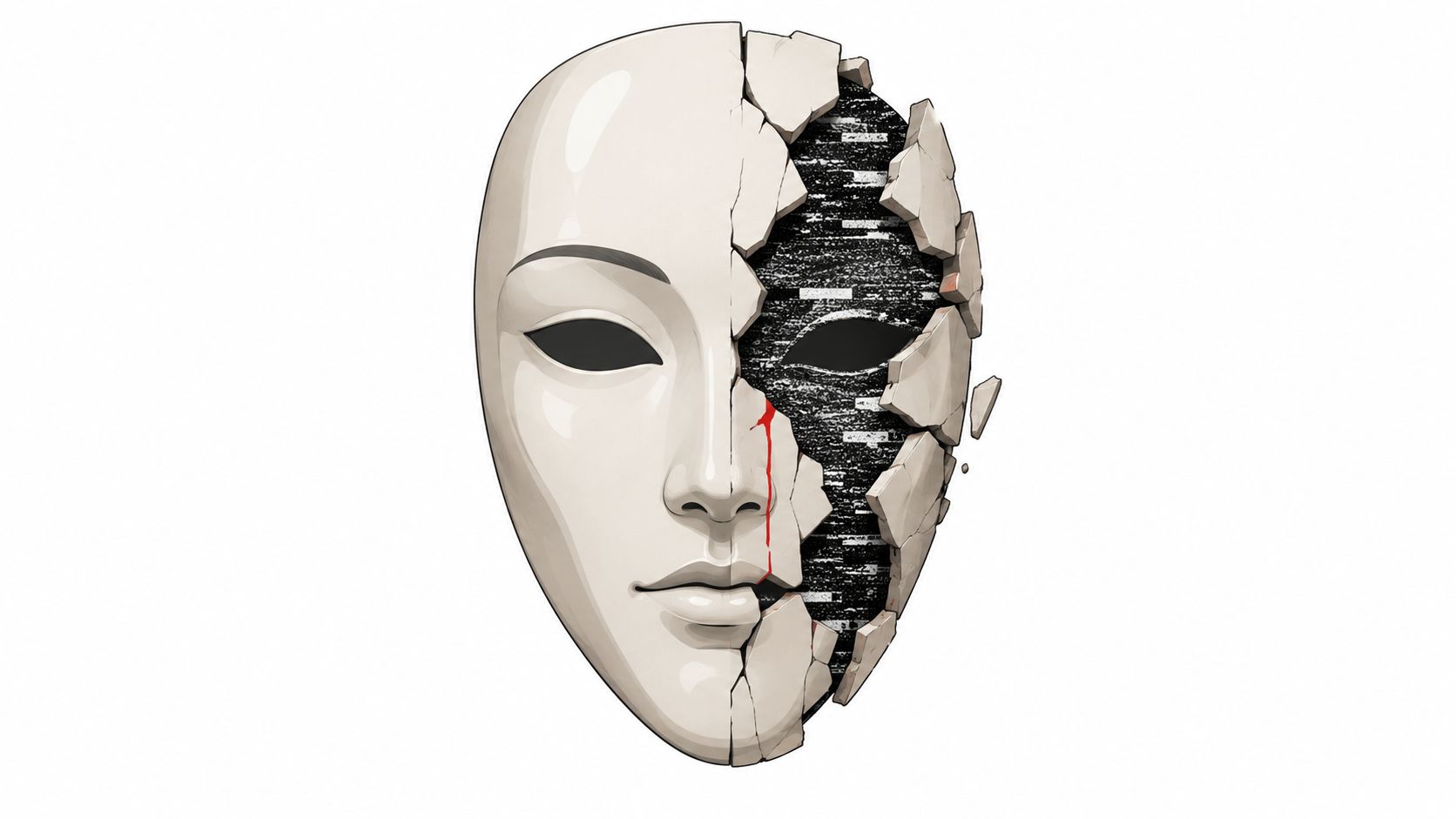 A split face mask with one smooth white side and one fractured side revealing digital static.