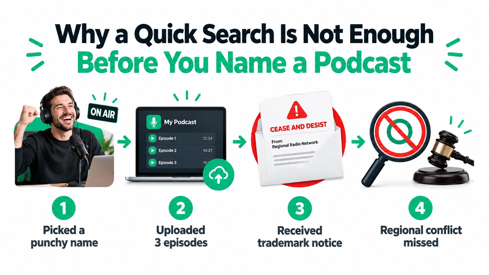 A diagram illustrating the legal risks of picking a podcast name without thorough trademark research.