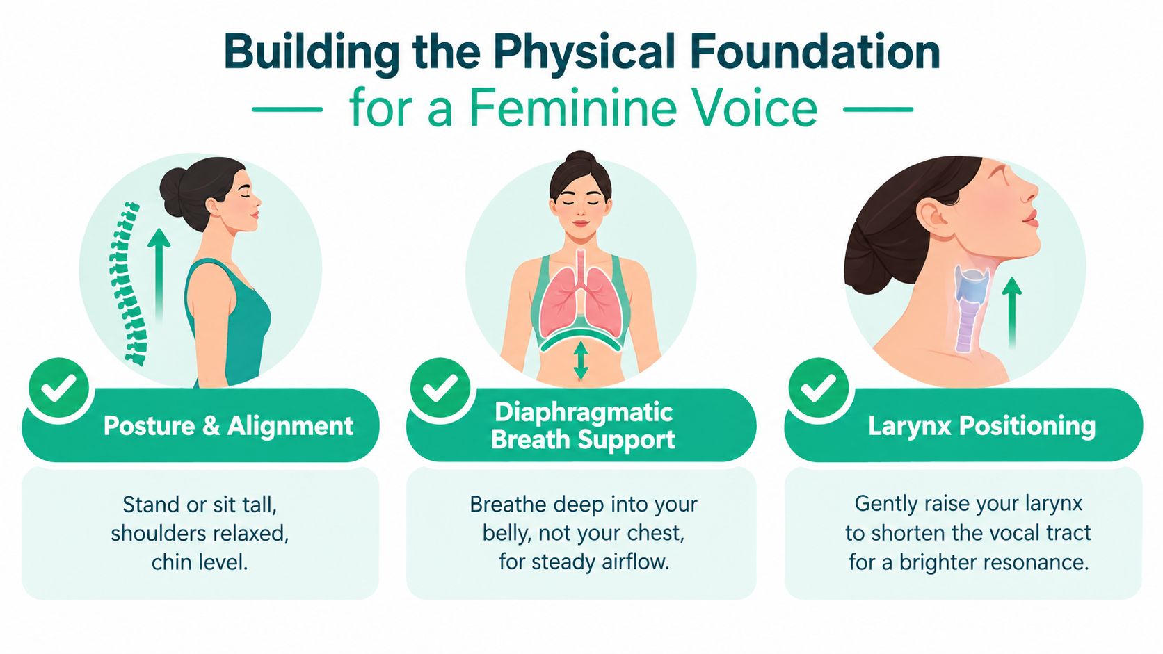 An infographic illustrating three physical techniques for feminine voice training: posture, diaphragmatic breathing, and larynx positioning.