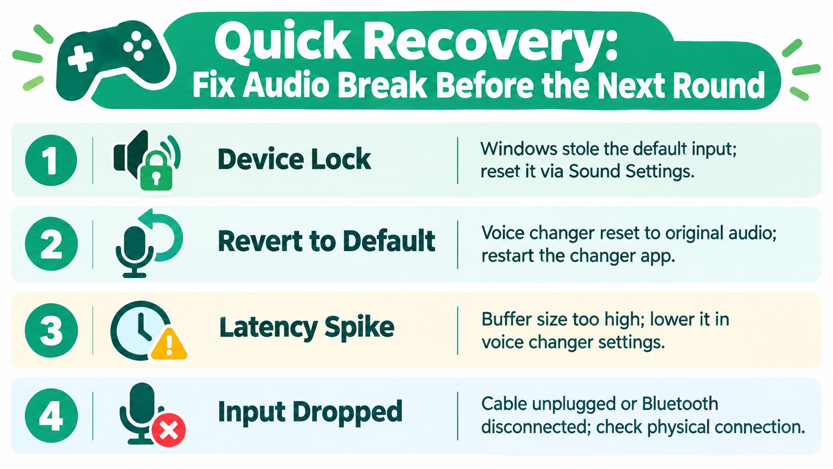 A quick recovery guide for fixing audio issues with a voice changer during gaming sessions.