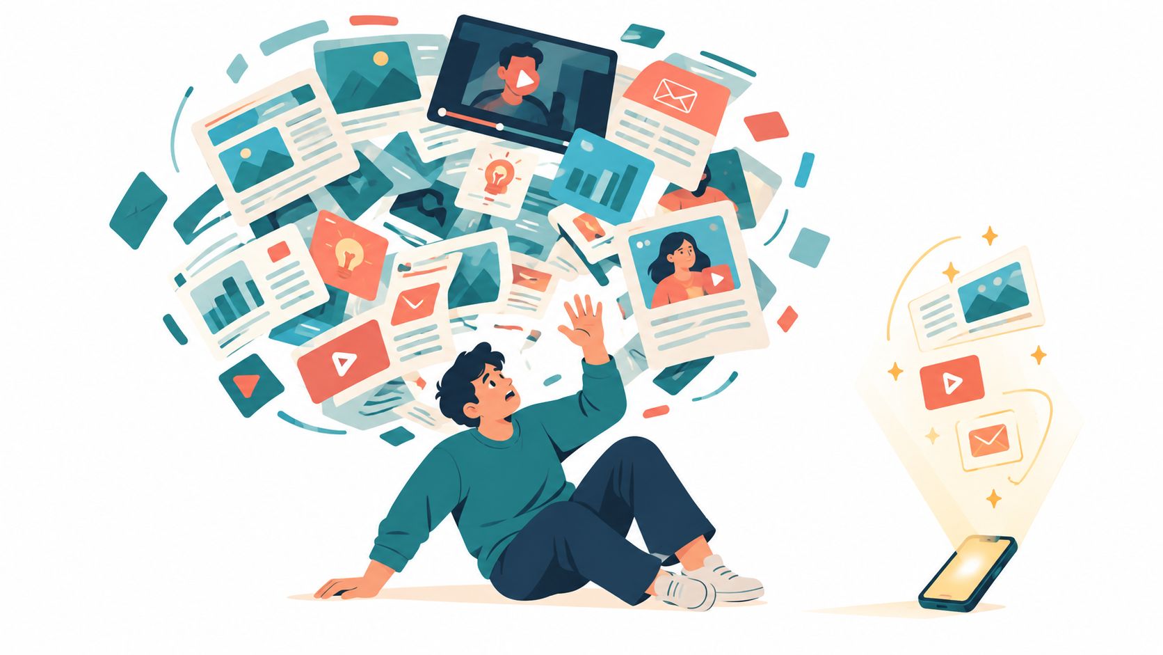 A person overwhelmed by a chaotic cloud of digital media icons, videos, and notifications from a smartphone.
