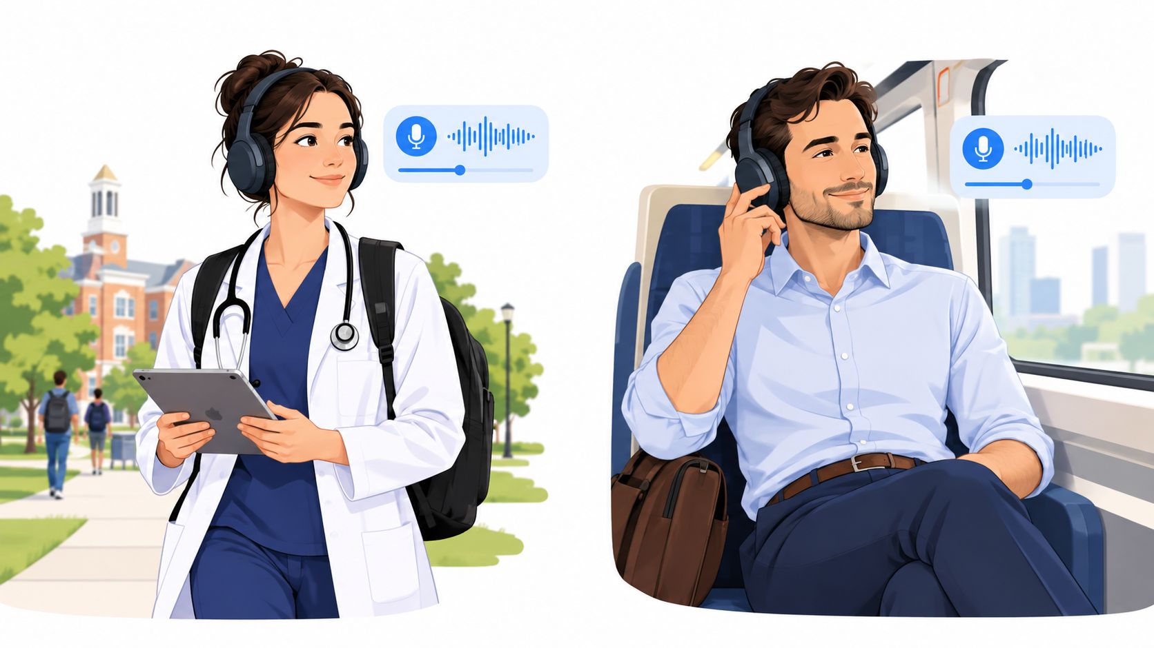 A digital illustration showing a female medical student and a male professional both using AI podcast tools.