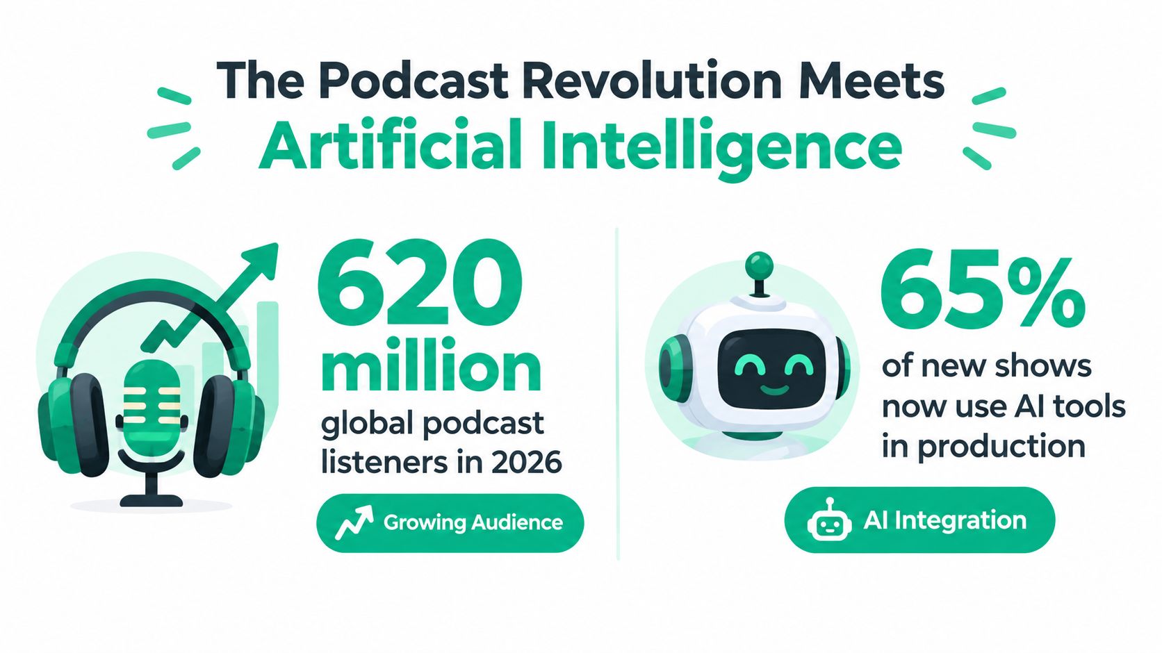 An infographic showing that 620 million global podcast listeners are expected by 2026 with 65% using AI.