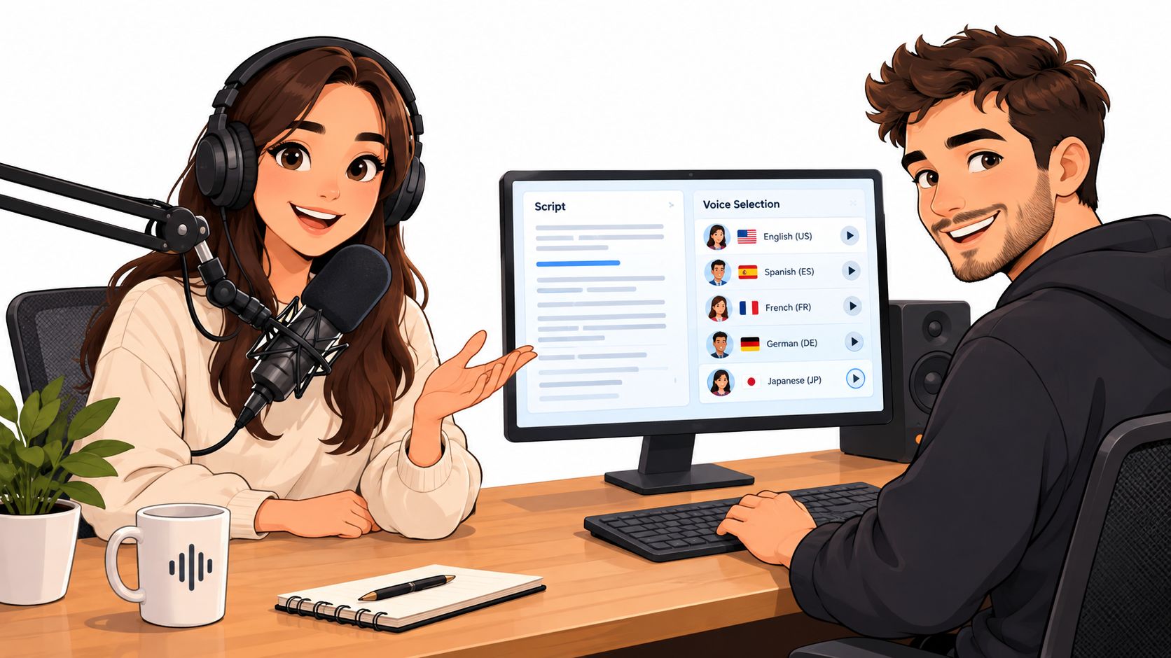 A woman and man working together in a studio using AI software to create a podcast