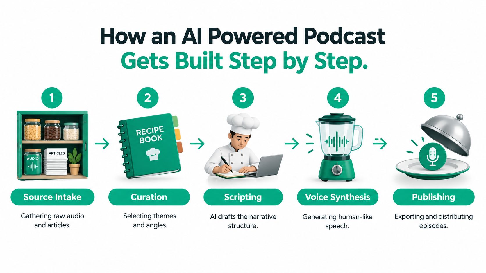 A five-step infographic showing how an AI powered podcast is created from source intake to publishing.