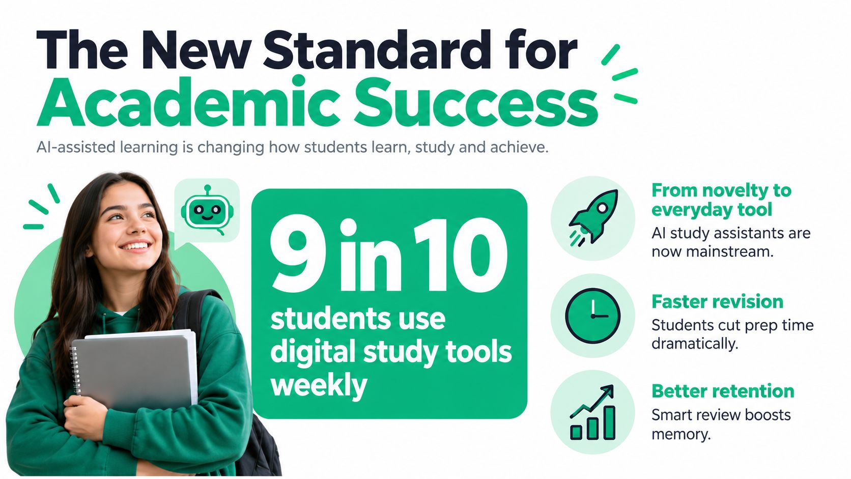 A student smiling while holding notebooks, promoting AI-assisted study tools as a new standard for learning.