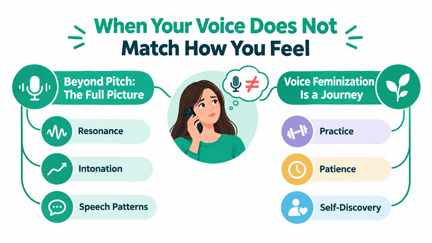 An infographic illustrating voice feminization concepts including resonance, intonation, practice, patience, and a journey of self-discovery.