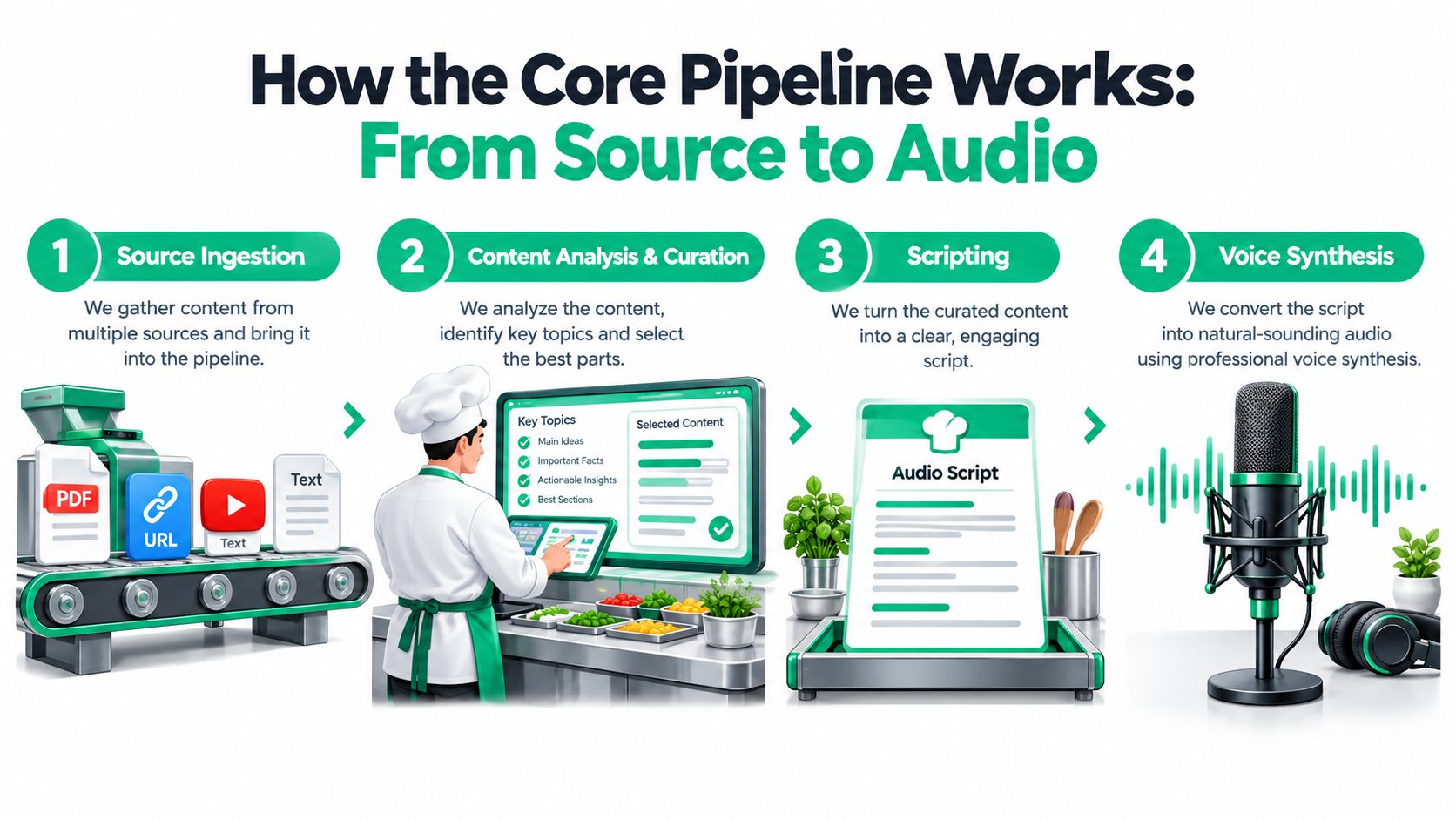 A four-step infographic illustrating a content repurposing pipeline from raw source ingestion to synthesized audio production.