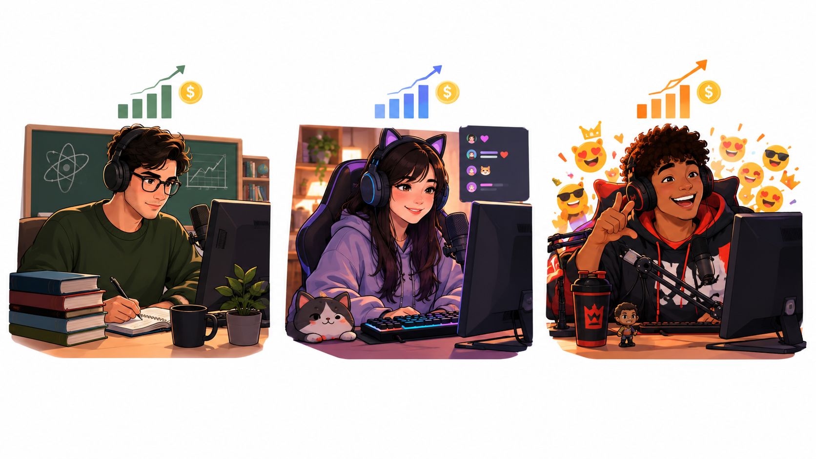 Three different types of Twitch streamers sitting at their desks broadcasting to an online audience.