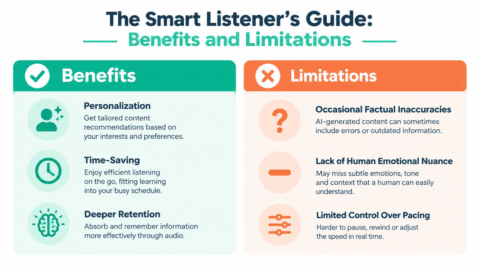 A comparative chart outlining the benefits and limitations of using AI-generated audio content for listeners.