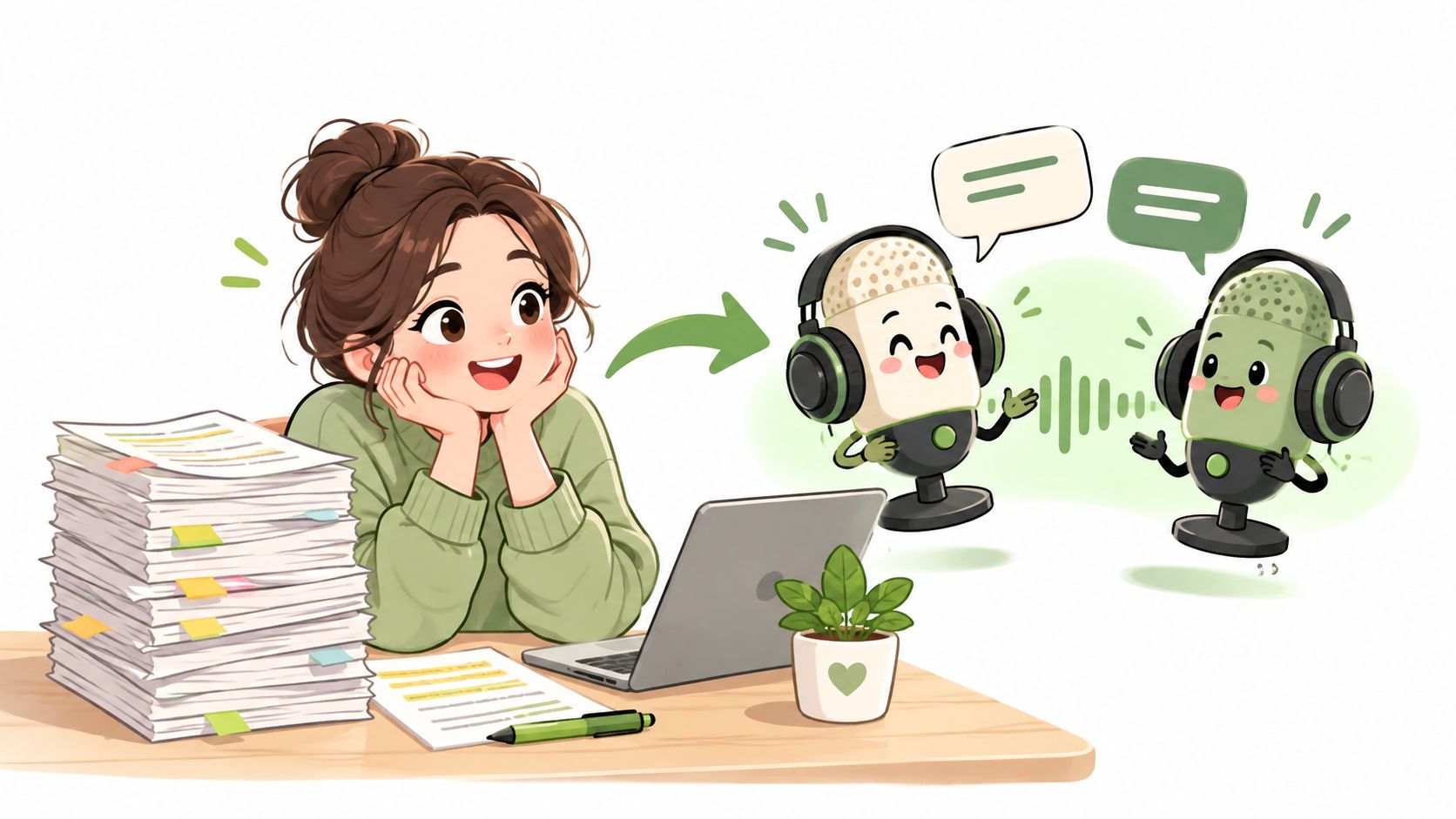 A girl sitting at her desk with documents happily imagining microphones discussing text with artificial intelligence.