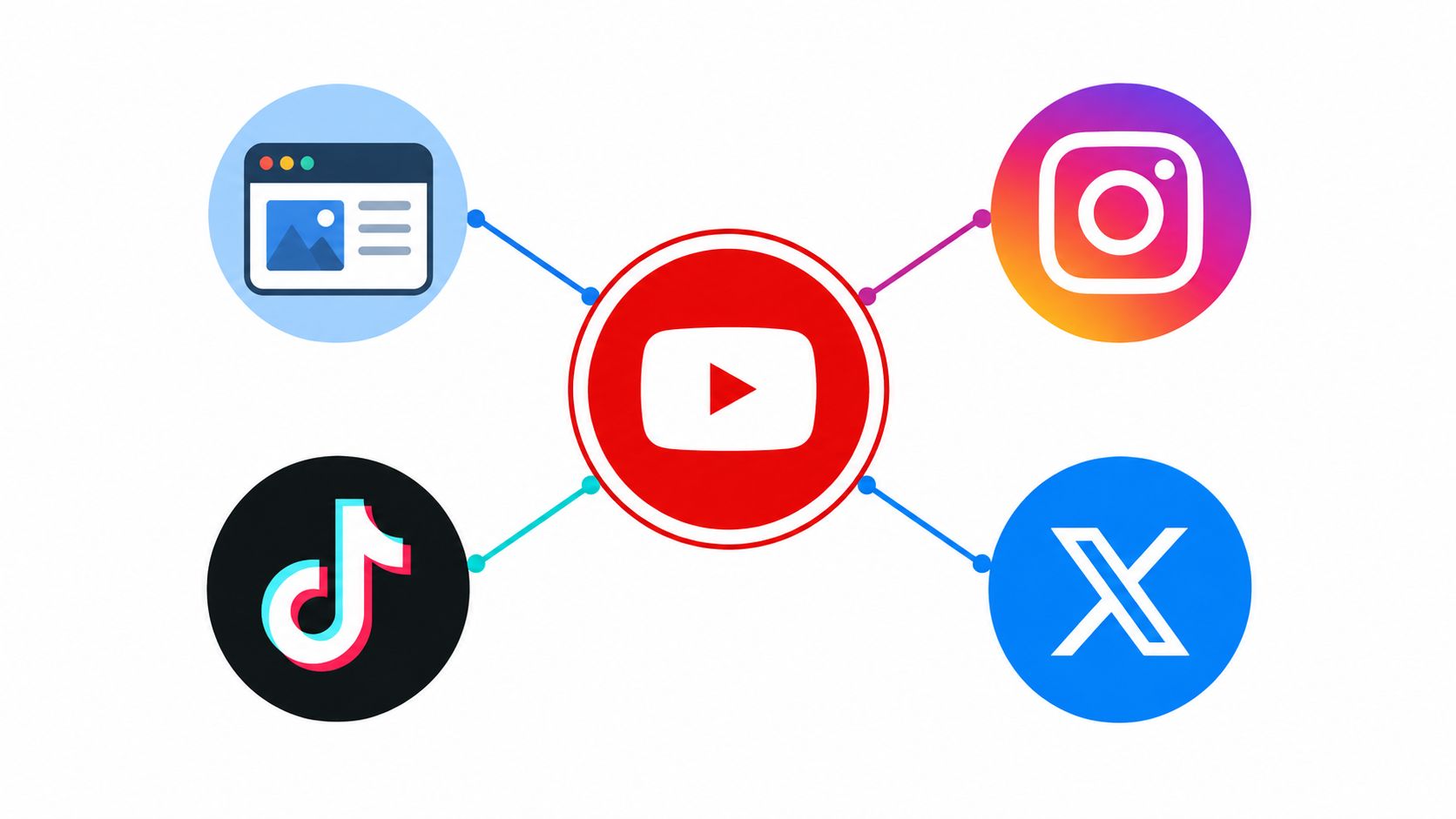 A digital infographic showing the YouTube logo connected to other social media platform icons and web browsing.