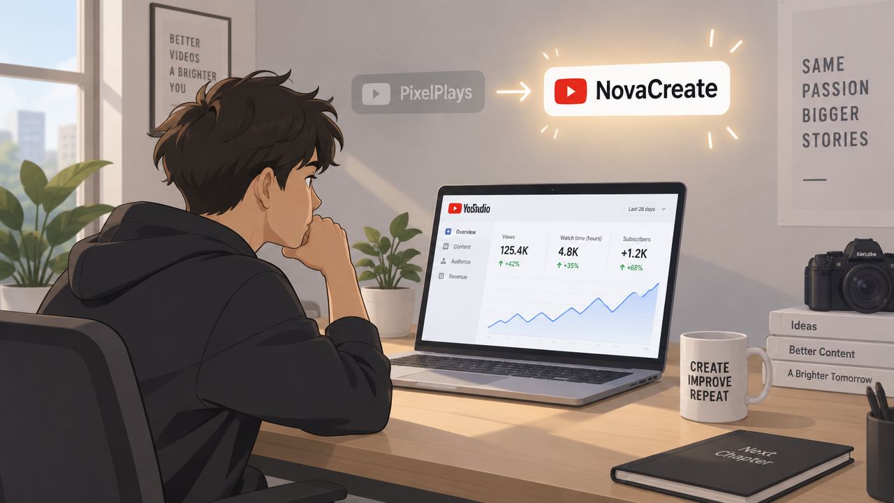 An anime style creator sitting at a desk viewing YouTube analytics while rebranding their channel from PixelPlays to NovaCreate.