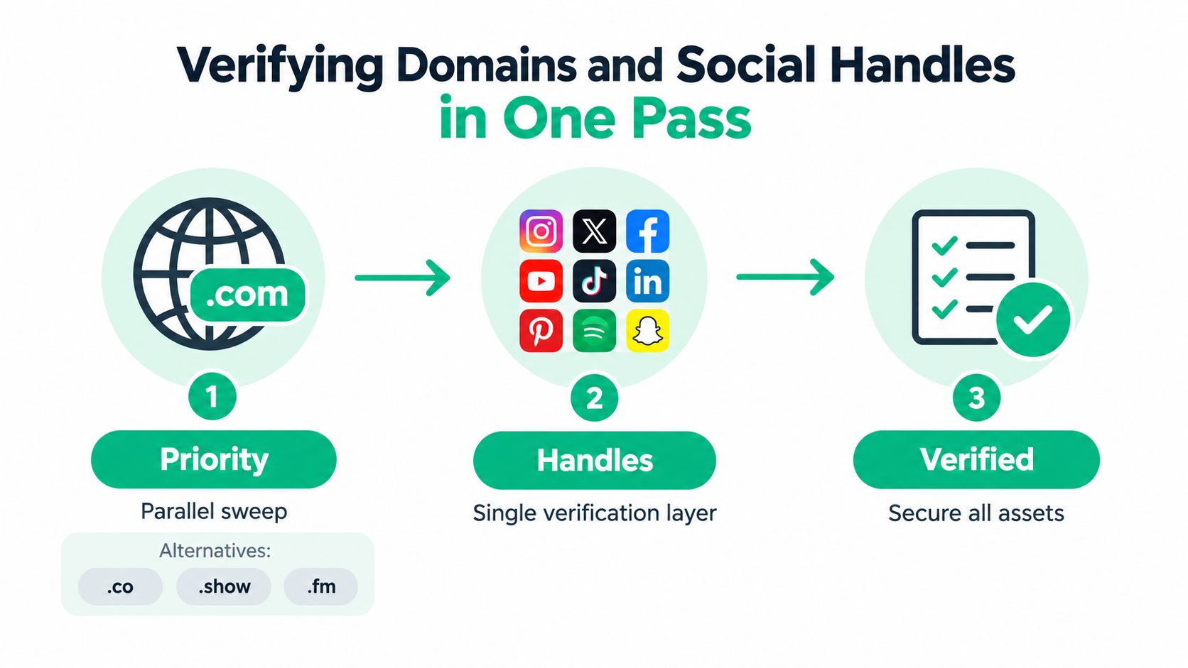 A diagram illustrating a three-step process for verifying domain names and social media handles in one pass.