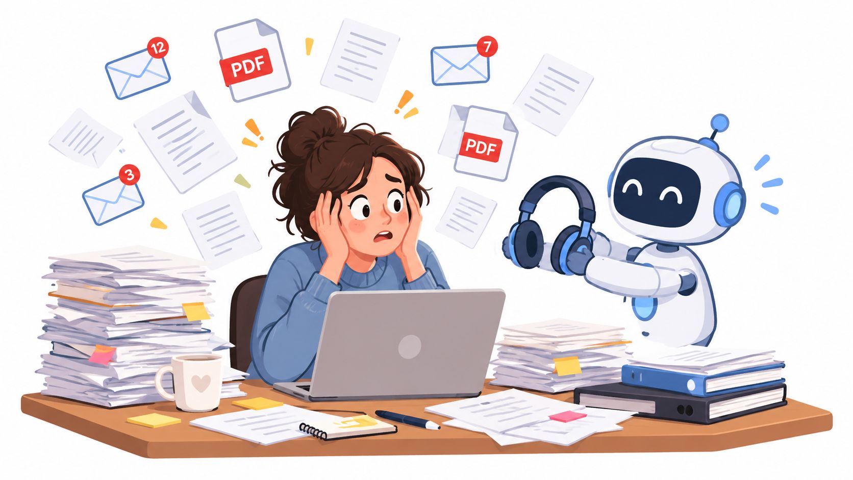 A stressed woman working at her desk surrounded by documents while a helpful robot offers her headphones.