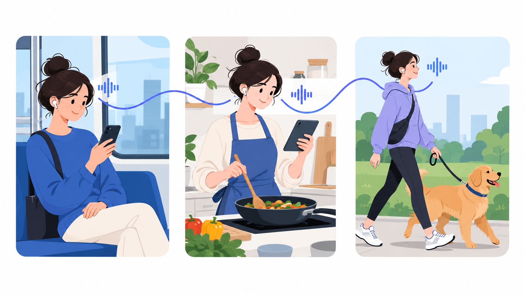 A young woman uses wireless earbuds to listen to audio while commuting, cooking, and walking her dog.