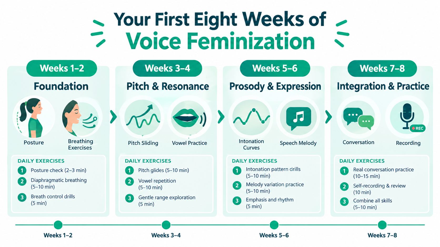 A structured eight-week voice feminization roadmap guide illustrating daily practice exercises for posture, pitch, and expression.