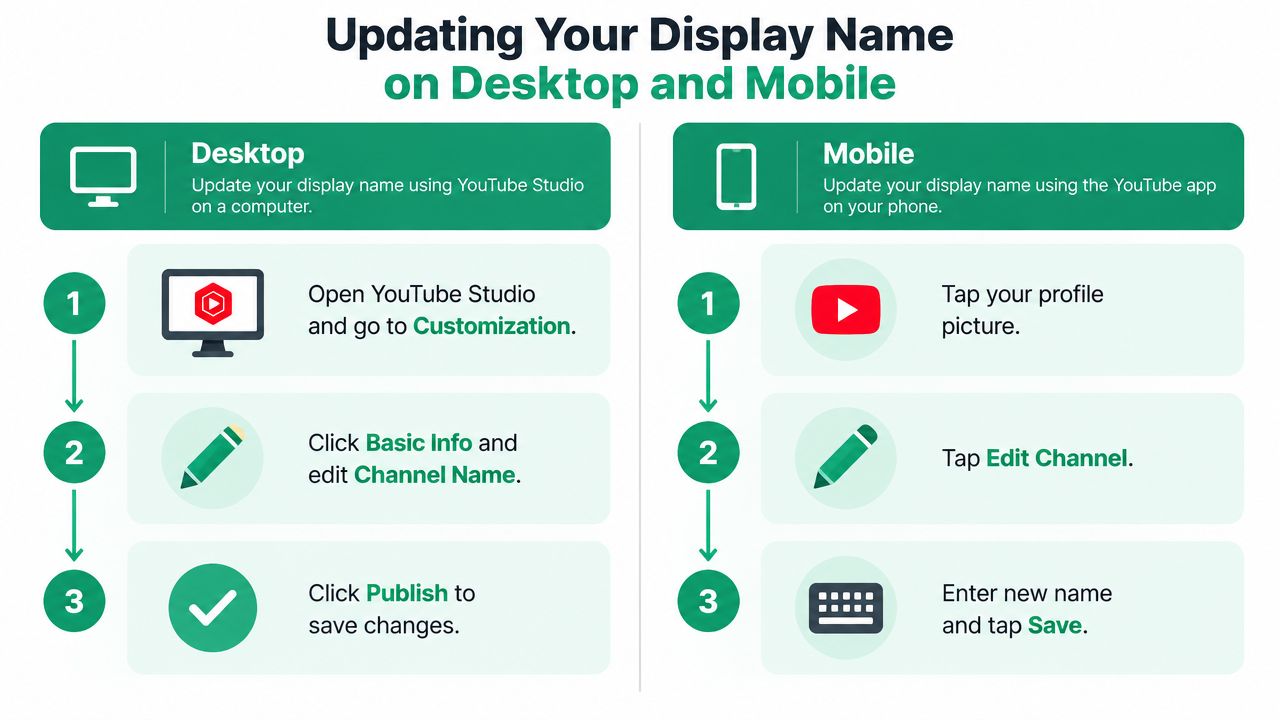 A step-by-step infographic showing how to change a YouTube channel name on both desktop and mobile devices.