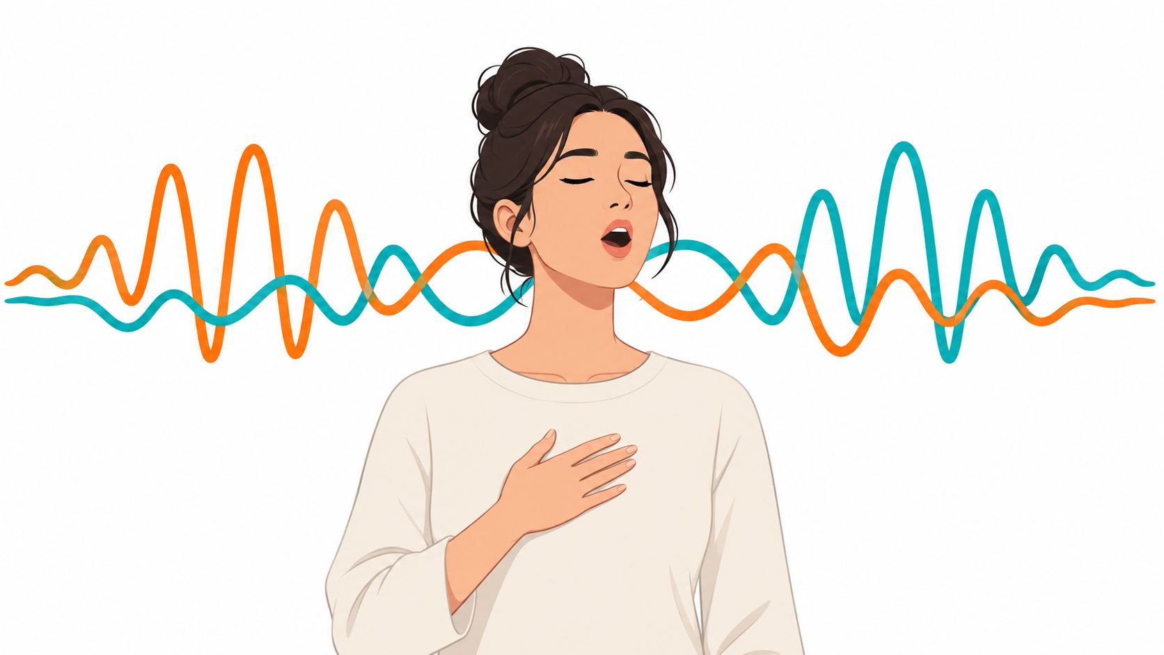 A young woman practicing vocal exercises with sound wave visualizations representing her voice in the background.