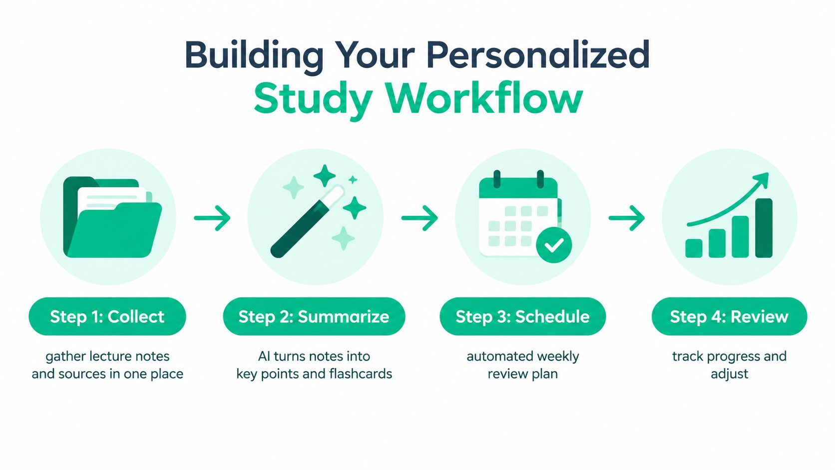 A four-step graphic illustration titled Building Your Personalized Study Workflow showing how to collect, summarize, schedule, and review.