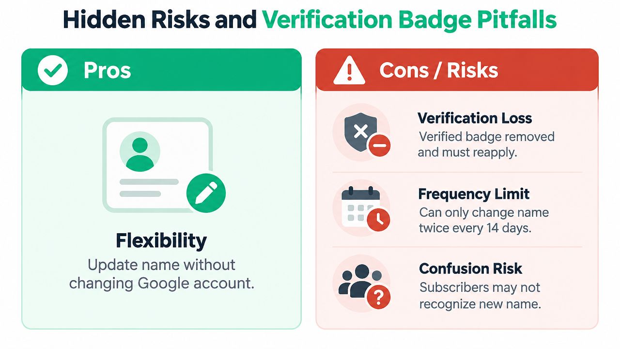 A visual comparison infographic highlighting the pros and risks of changing your YouTube channel name.