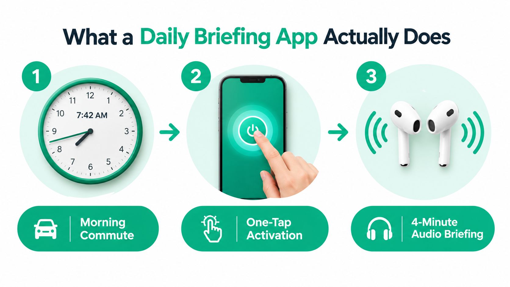 An infographic illustrating the three steps of a daily briefing app: morning commute, one-tap activation, and audio.